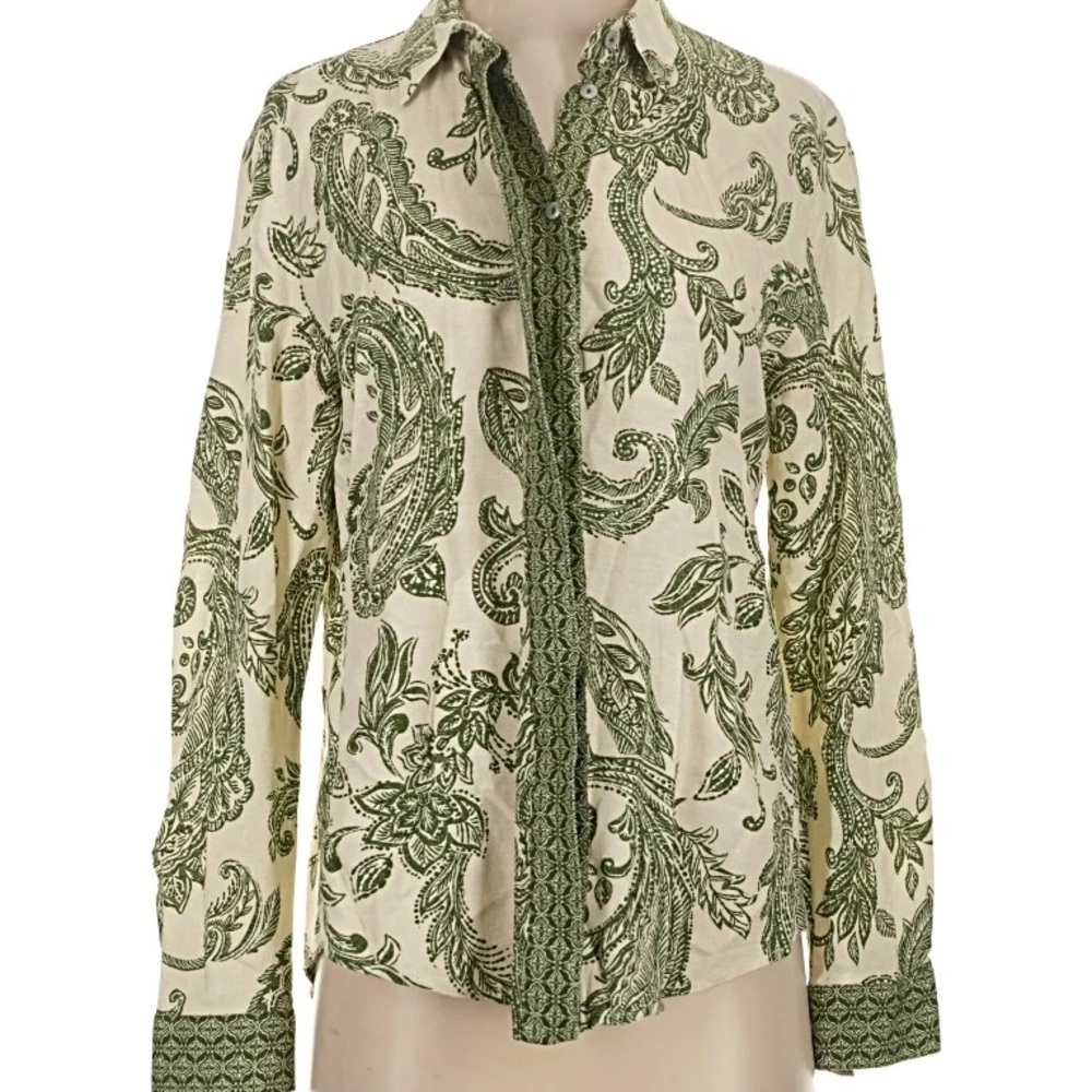 Zara Cream and Olive Green Paisley Button-Down Shirt